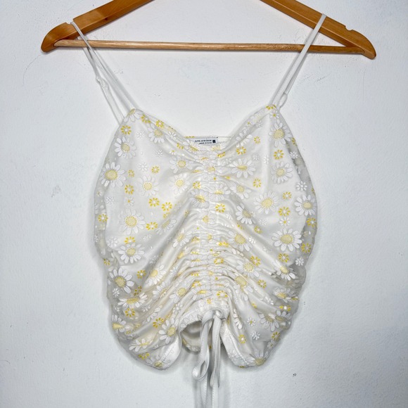 Zara Tops - Zara White‎ Floral Mesh Top Sheer Ruched Crop Camisole Boho Summer Womens Small